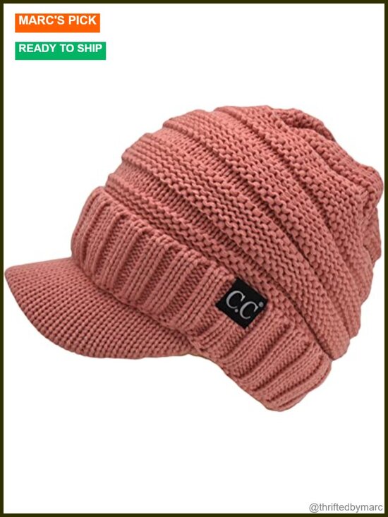 Oversized Chunky Knit Beanie Hat with Visor Brim - Acrylic main image 6